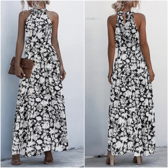 Boho Red White leopard Print Halter Ruffle Maxi Dress - Picture 4 of 13